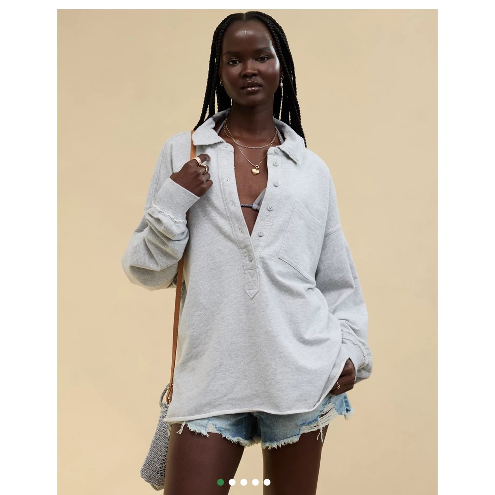 Aerie Womens 100% Cotton Take it Easy Popover Sweatshirt Grey XS Oversized Boho